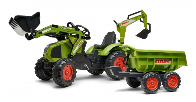 Trattore a pedali Claas Axos - con benna anteriore e posteriore + rimorchio