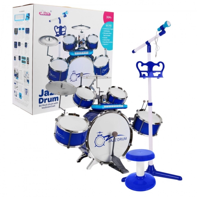 Set musicale per bambini 3+ con batteria, tastiera e microfono, suoni e luci blu