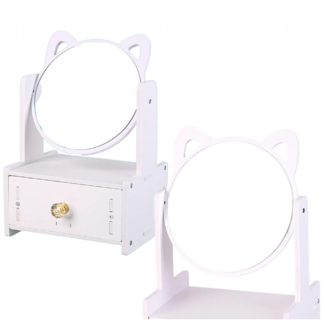Toeletta specchio da trucco con cassetto e orecchie in legno bianca