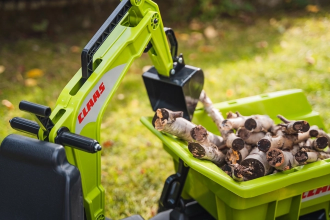 Trattore a pedali Claas Axos - con benna anteriore e posteriore + rimorchio