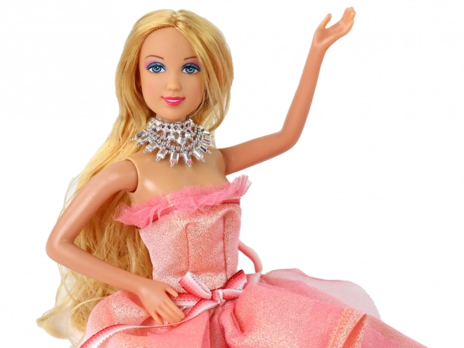 Bambola bambina Capelli biondi lunghi Armadio Scarpe Abiti Accessori Rosa
