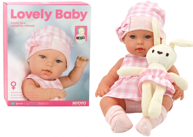 Bambola Neonato con Zaino Coniglietto in Abbigliamento a Quadri Rosa