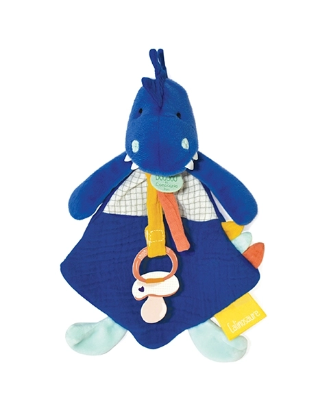 Doudou dinosauro blu con porta ciuccio