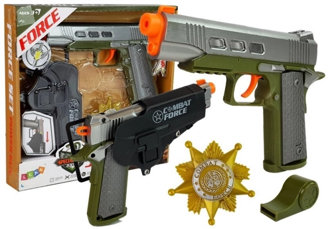 Set giocattolo polizia con pistola 20cm, distintivo, fischietto e fondina