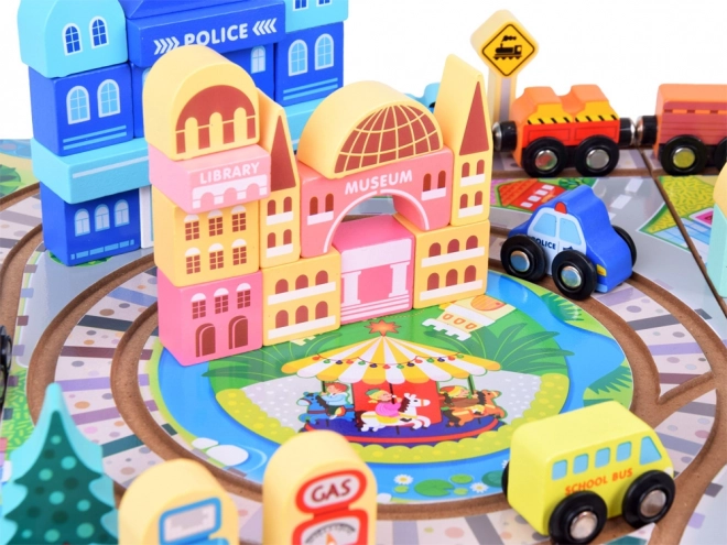 Treno in legno con set di blocchi città e valigetta per bambini