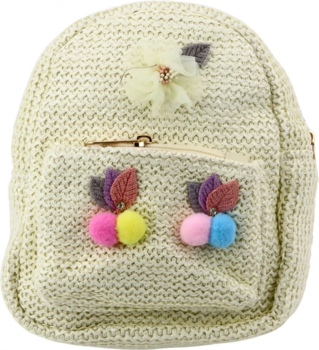 Zaino per bambini crema con ricamo e pompon colorati