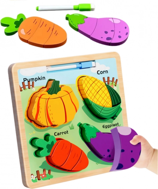 Puzzle educativo in legno con verdure e lavagna