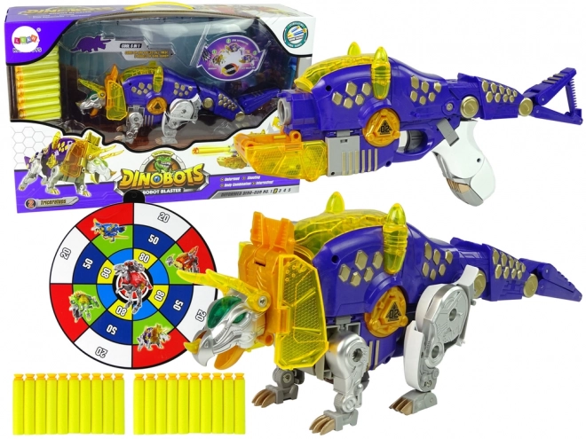 Triceratopo Dinobot Viola 2 in 1 con Pistola a Freccette e Bersaglio