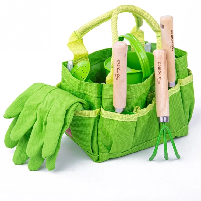 Set di attrezzi da giardino Bigjigs Toys in borsa di tela verde