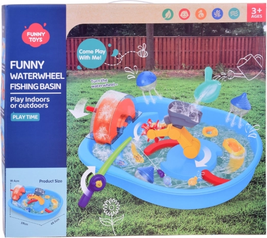 Tavolo d'acqua blu con mulino ad acqua e accessori da pesca