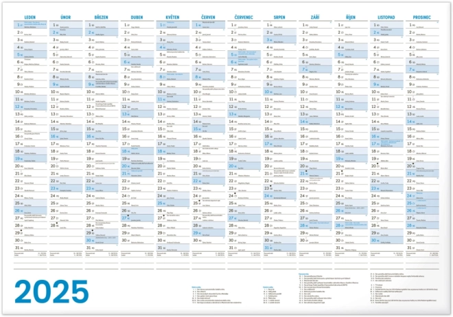 Calendario annuale 2025 formato A2 con nomi cechi e festività mondiali