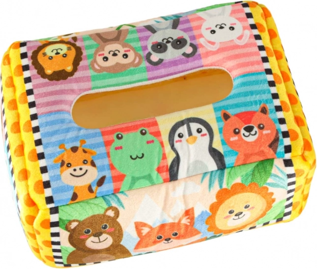 Box sensoriale Montessori con fazzoletti colorati e animaletti
