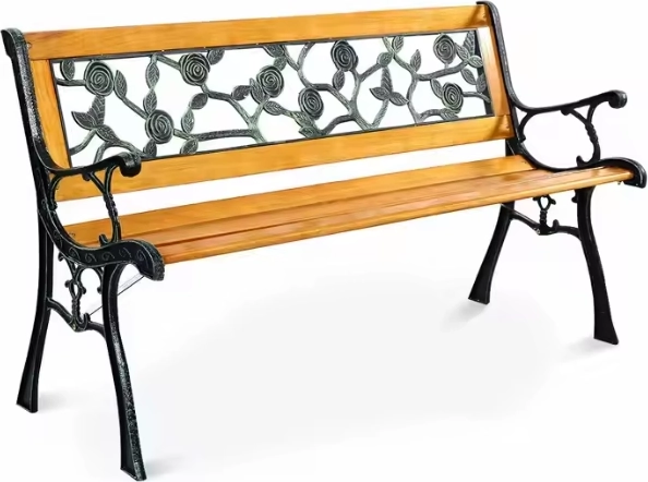 Panchina da giardino in legno con telaio e schienale in metallo