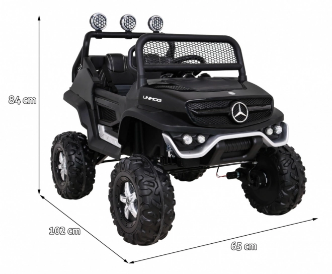 Mercedes Benz Unimog per bambini nero + trazione 4x4 + telecomando + vano bagagli + avvio lento + MP3 LED