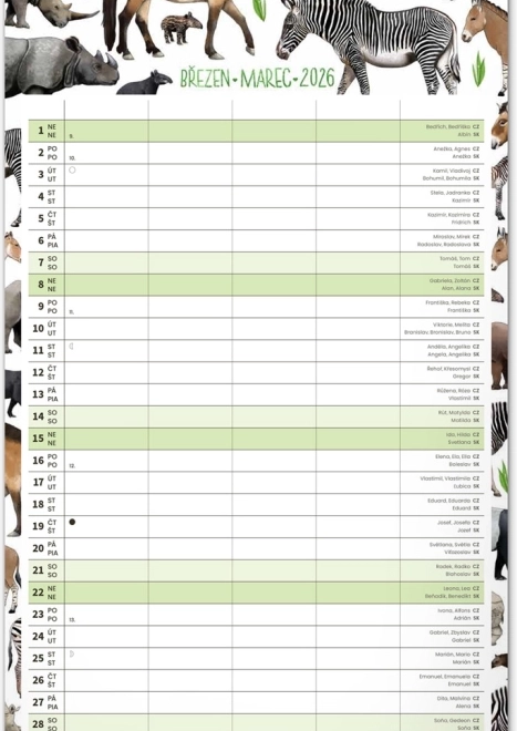 Calendario da parete Pianificatore per Famiglie 2026 con illustrazioni di Animalium