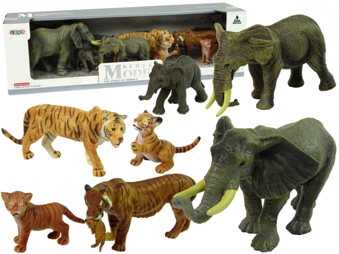 Set di figure animali selvatici africani elefanti e tigri