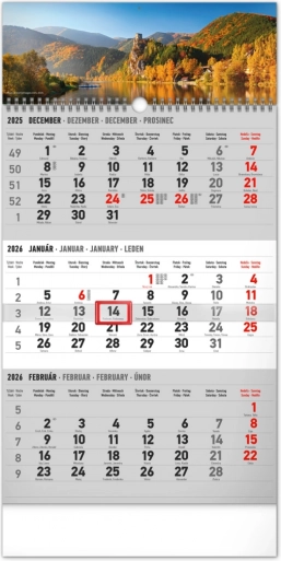 Notique calendario da parete trimestrale Paesaggio, nomi slovacchi 2026, 29,5 × 43 cm, grigio