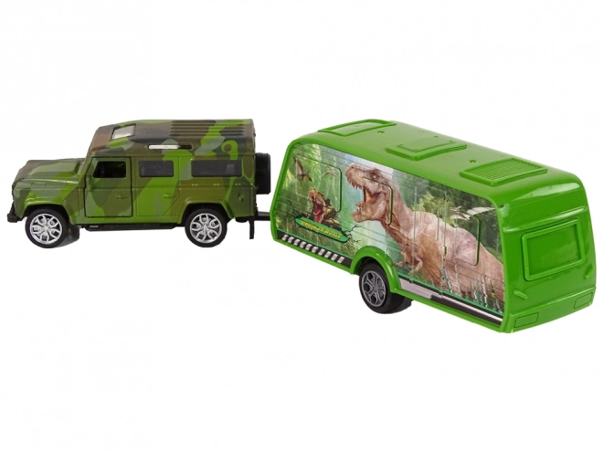 Set di veicoli Jeep con rimorchio e dinosauri