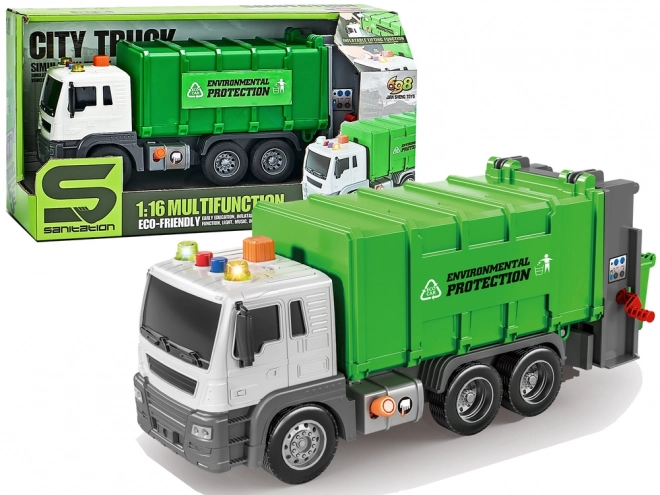 Camion della spazzatura verde a frizione con effetti sonori 1:16