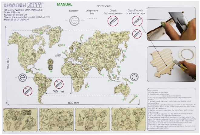 Mappa del mondo 3D in legno con animali