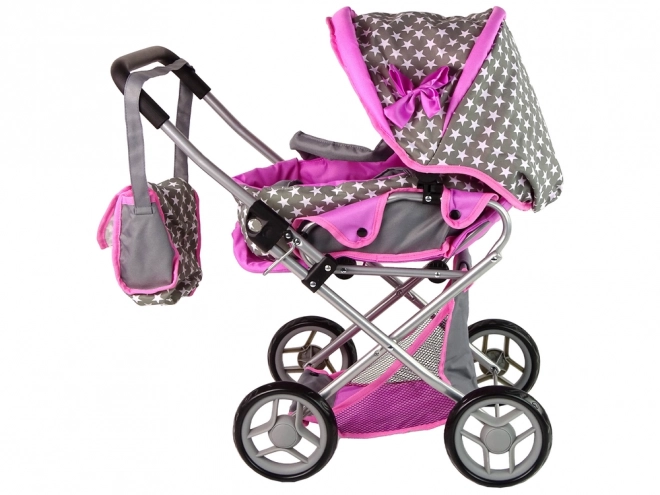 Passeggino per bambole 2 in 1 con borsa grigio e rosa stelle