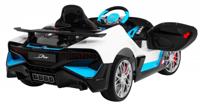 Bugatti Divo Macchinina a batteria per bambini bianca + telecomando + EVA + avvio lento + LED MP3