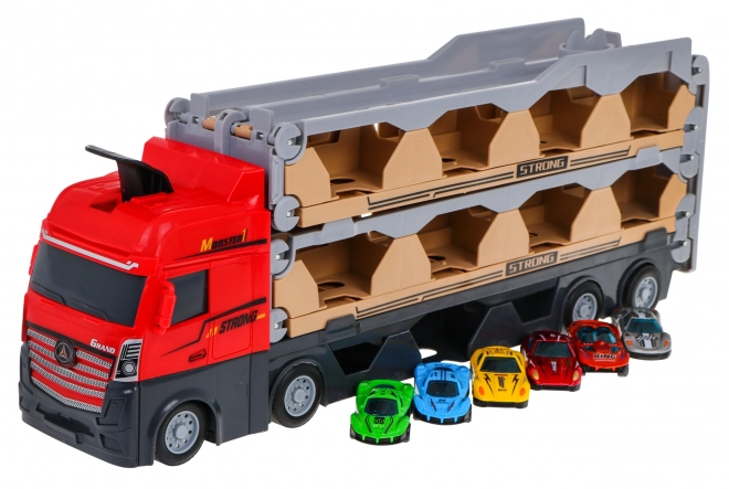 Set 3 in 1 Camion Con Rimorchio + Auto da Corsa per Bambini 3+ Pista con Catapulta