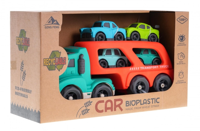 Carro Attrezzi e 4 Auto in Bioplastica per Bambini 18m+ con Luci e Suoni