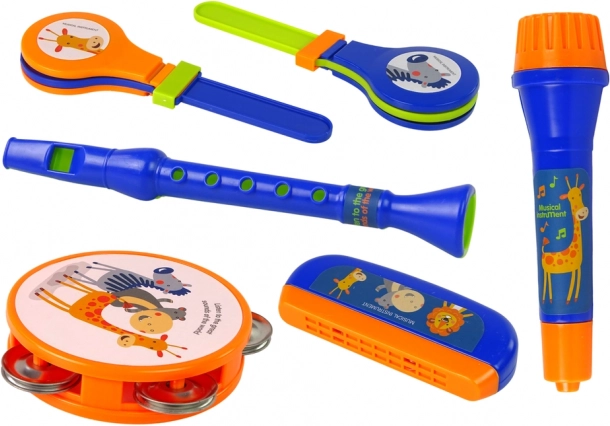 Strumenti musicali per bambini - Set tamburo, tamburello, flauto, sonaglio, fisarmonica, animali