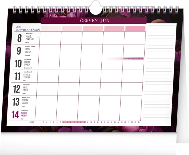 Calendario pianificatore settimanale Fiori viola 2026, 30 x 21 cm