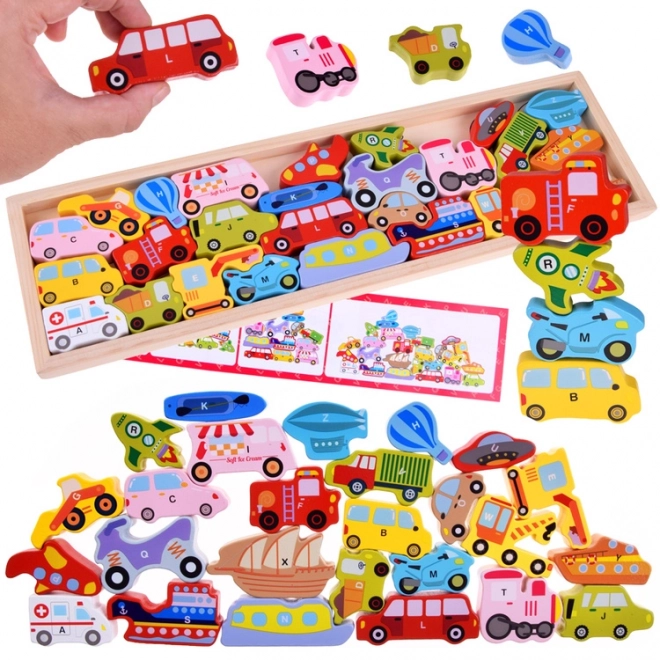 Grande Set Veicoli Puzzle Alfabeto in Legno