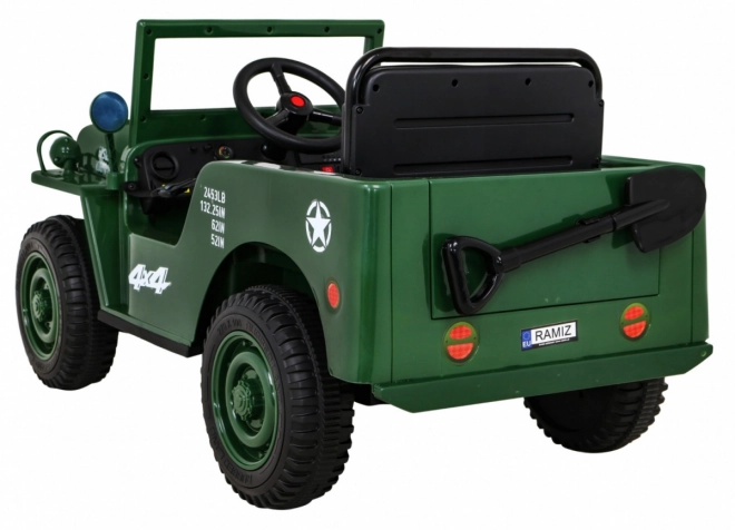 Auto militare retrò per bambini verde + trazione 4x4 + telecomando + 2 portabagagli + partenza lenta + MP3 LED
