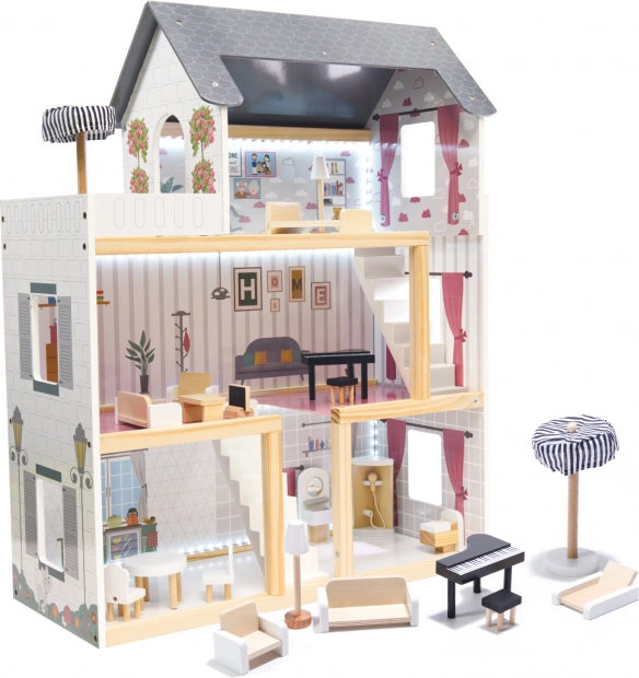 Casa delle bambole in legno con illuminazione LED