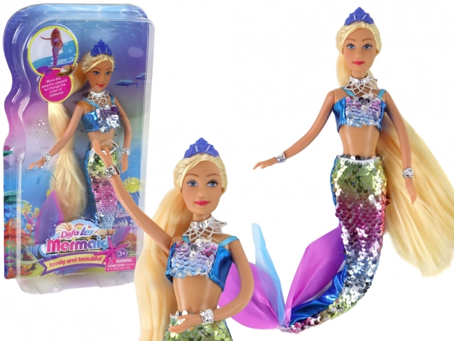 Bambola sirena con lunghi capelli biondi e coda squamosa