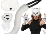 Costume da gatto, volpe o lupo RUHHY – set bianco 4 in 1 con maschera, coda e zampette