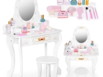 Tavolino da toeletta grande in legno per bambine con specchio, accessori rosa ECOTOYS