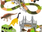 Pista da corsa con dinosauri e automobili
