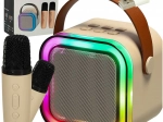 Set karaoke con altoparlante Bluetooth, 2 microfoni e illuminazione LED 6 W – beige