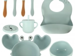 Set da Tavola in Silicone per Bambini con Motivo a Granchio - 9 Pezzi Blu