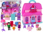 Casa delle bambole rosa con mobili e figurine