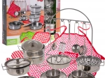 Set da cucina in metallo per bambini, 23 pezzi con stoviglie, posate e grembiule da chef