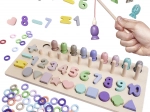Gioco educativo in legno 2 in 1: incastro forme, abaco e pesciolini magnetici