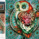 Pittura diamantata 7D – gufo su mandala blu 30 × 30 cm