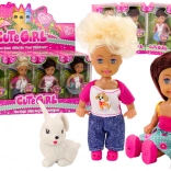 Mini bambola con capelli lunghi e animaletto in abito colorato