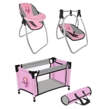 set per bambole princess pink grey – lettino da viaggio e seggiolina 2in1 con altalena