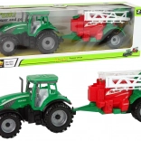 trattore verde con irroratrice rosso‑verde con trazione a frizione