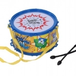 Tamburo giocattolo in plastica per bambini con tracolla e bacchette 16 × 9 cm