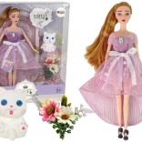 Bambola Emily con capelli lunghi e gattino bianco