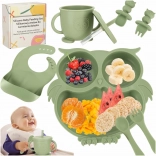 Set di stoviglie in silicone per bambini con motivo gufo in verde militare