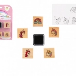 Timbri in legno con tampone – unicorni e arcobaleno (5+1), 3 × 3 cm
